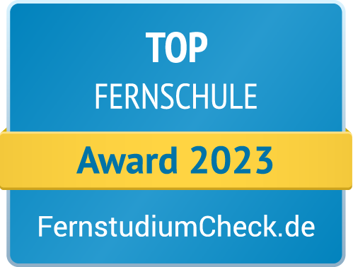 karriere tutor Das Bild zeigt das Badge „Top Fernschule Award 2023“ von FernstudiumCheck.de. Das Badge, auf hellblauem Hintergrund mit weißer Schrift, zeigt in der Mitte ein gelbes Banner, auf dem in blauer Schrift „Award 2023“ steht und damit die Anerkennung als AZAV-zertifizierte Weiterbildung hervorgehoben wird.