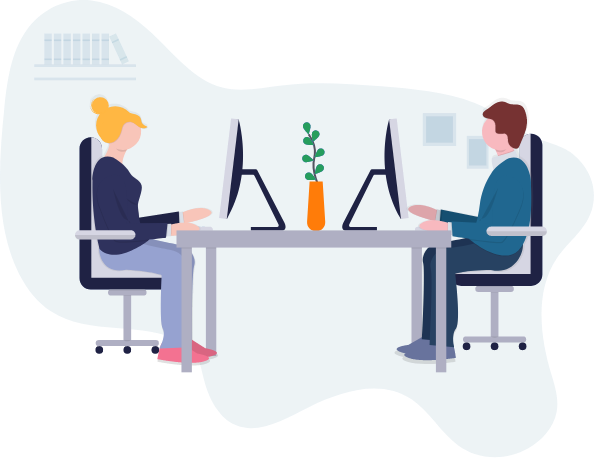 karriere tutor Abbildung eines Mannes und einer Frau, die einander an einem Schreibtisch gegenübersitzen und am Computer arbeiten. In der Mitte des Schreibtischs steht eine Pflanze in einer orangefarbenen Vase. Beide Personen sitzen auf Bürostühlen vor einem blauen Hintergrund.