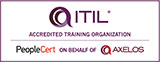 karriere tutor Logo für ITIL Accredited Training Organization. Das Logo enthält den Text „ITIL“ in einem kreisförmigen Design und darunter steht „Accredited Training Organization“. Der untere Abschnitt enthält die Logos „PeopleCert“ und „AXELOS“, dazwischen steht „im Namen von“.