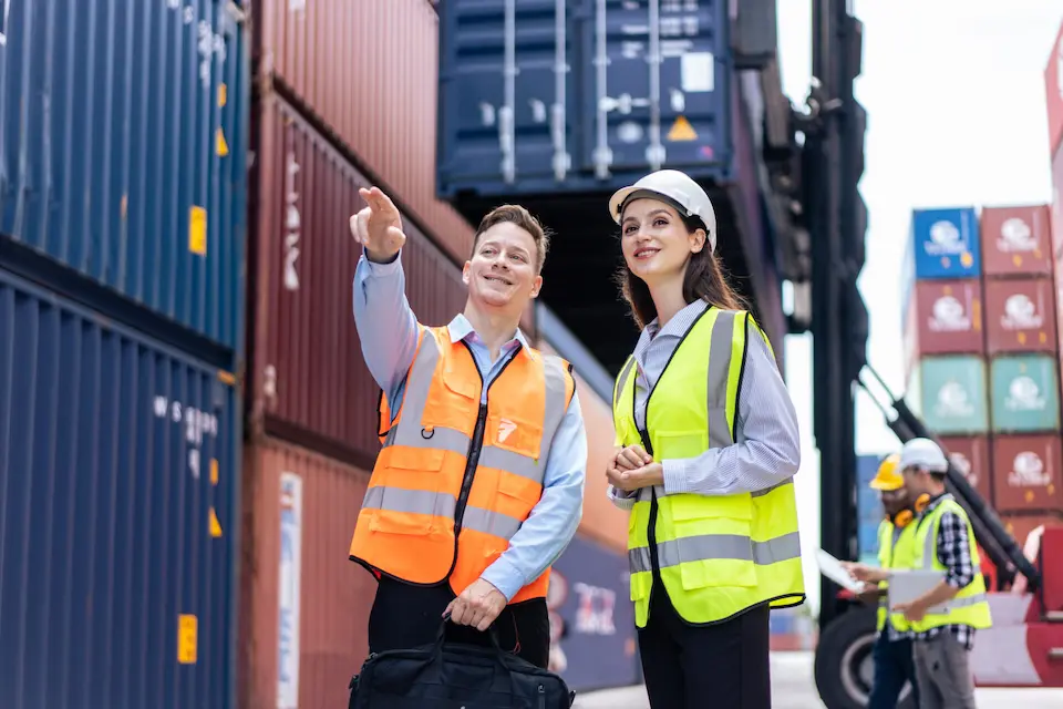 karriere tutor® Zwei Personen in Schutzausrüstung, einer zeigt mit dem Finger auf die Kamera, stehen neben Frachtcontainern an einer Verschiffungsrampe, im Hintergrund ist ein weiterer Arbeiter zu sehen.